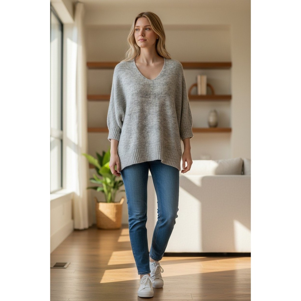 Entro Marled Grey V Neck Oversized Cozy Knit Sweater Size S
